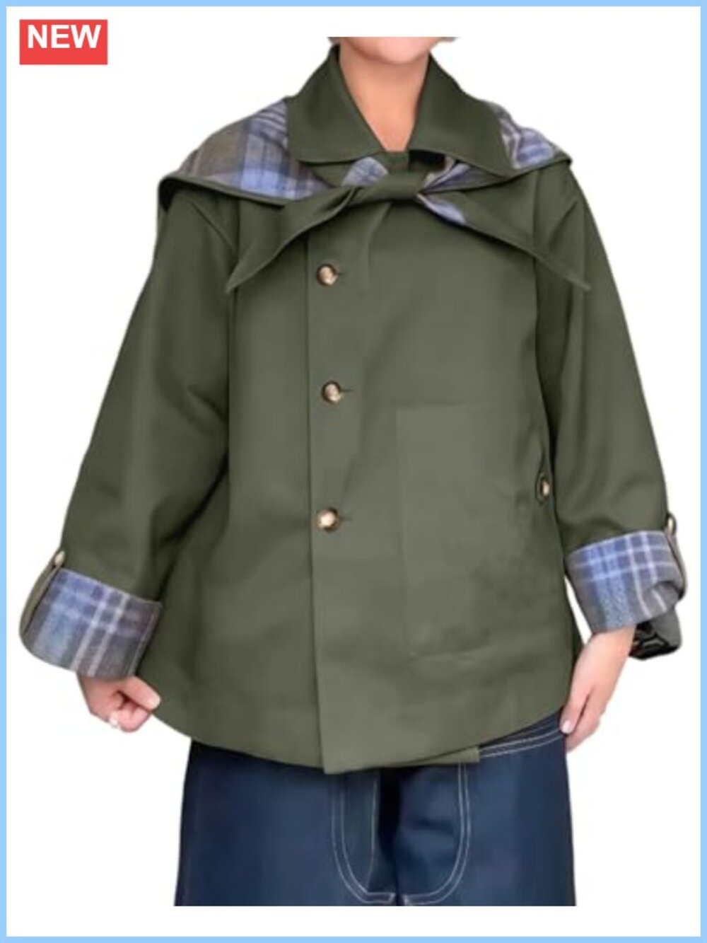 Reversible Plaid Women's Short Trench Coat Notch Collar Oversized Jacket Pockets